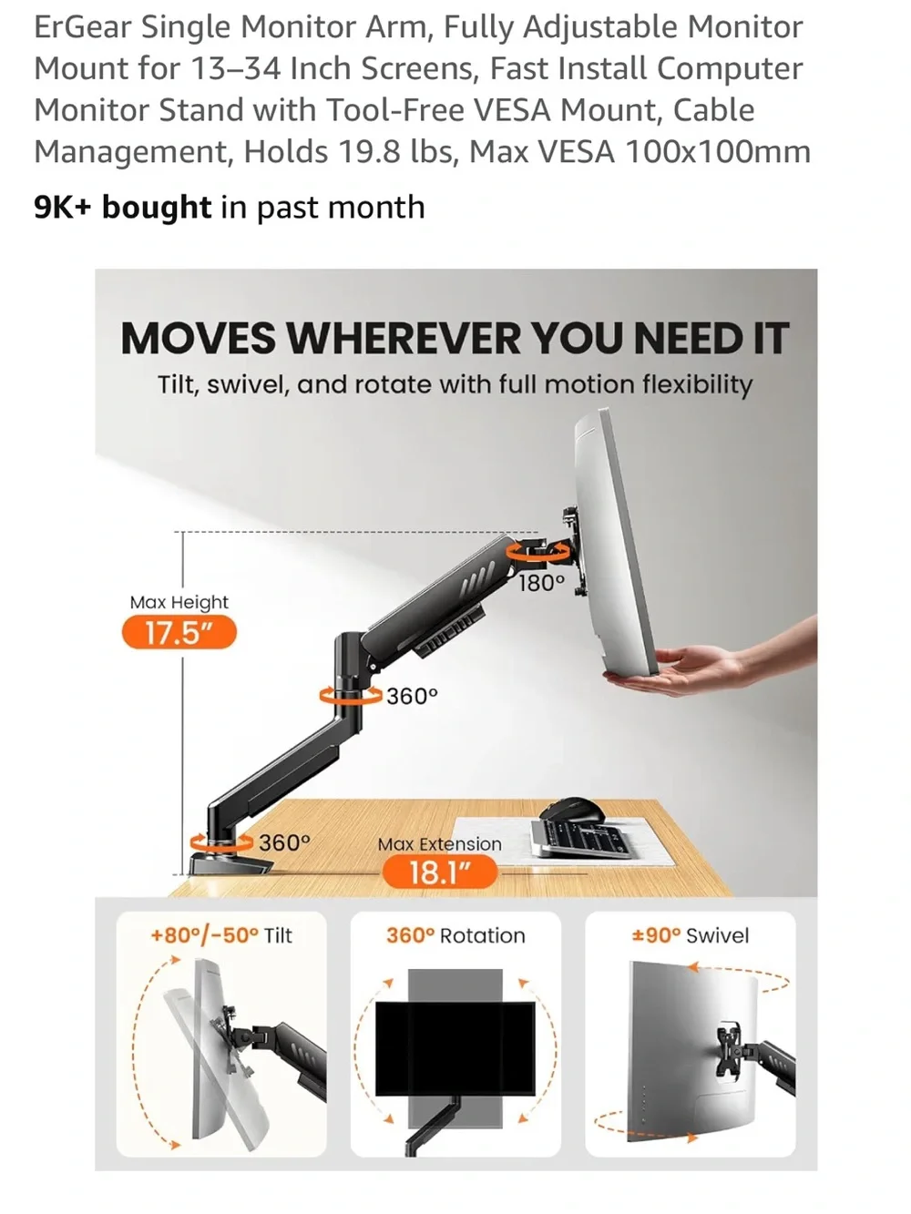 NEW IN BOX Adjustable Single Monitor Arm - Black